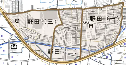 野田とその周辺の地図。町の範囲を重ねている