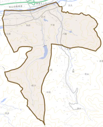 下林とその周辺の地図。町の範囲を重ねている