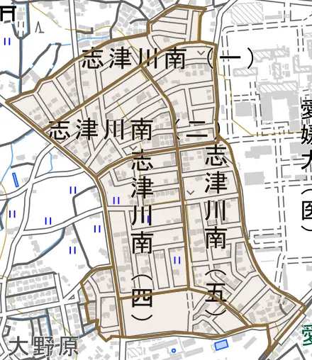 志津川南とその周辺の地図。町の範囲を重ねている