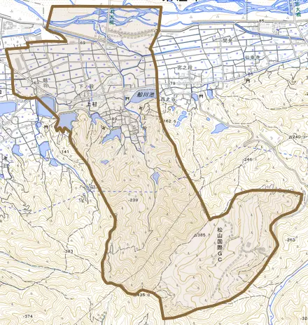 上村とその周辺の地図。町の範囲を重ねている