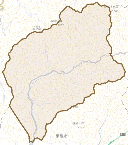 山之内とその周辺の地図。町の範囲を重ねている