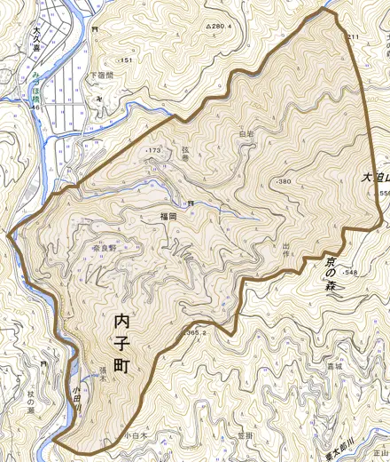 福岡とその周辺の地図。町の範囲を重ねている