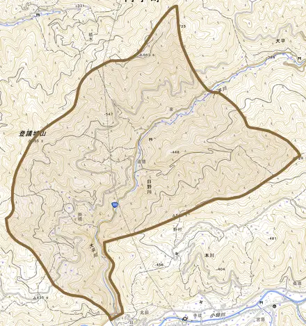日野川とその周辺の地図。町の範囲を重ねている