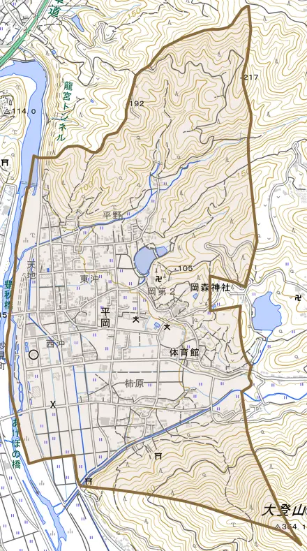 平岡とその周辺の地図。町の範囲を重ねている