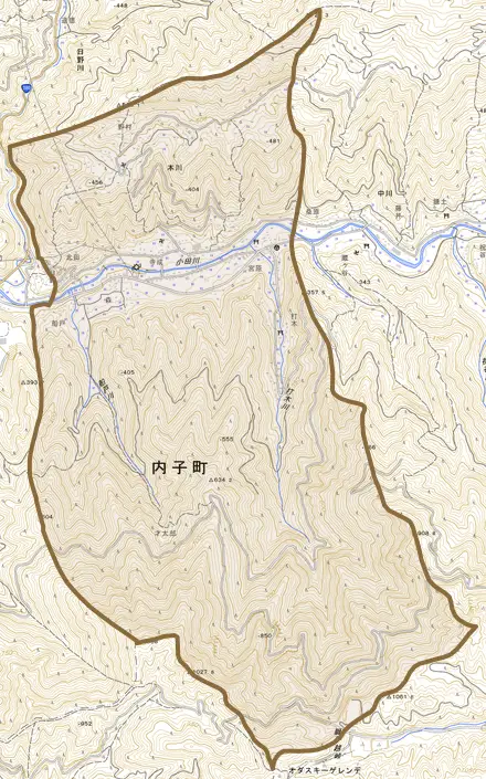 本川とその周辺の地図。町の範囲を重ねている