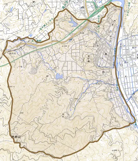 五十崎とその周辺の地図。町の範囲を重ねている