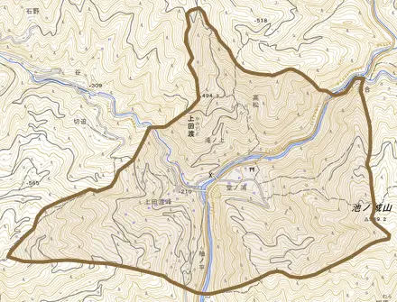上田渡とその周辺の地図。町の範囲を重ねている