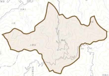 南山とその周辺の地図。町の範囲を重ねている