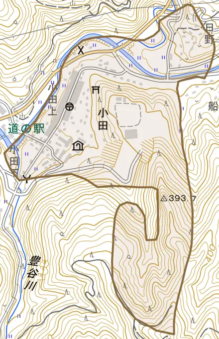 小田とその周辺の地図。町の範囲を重ねている