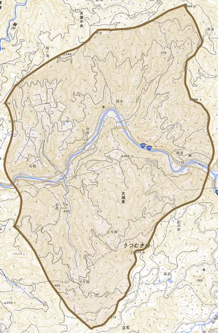 大瀬東とその周辺の地図。町の範囲を重ねている
