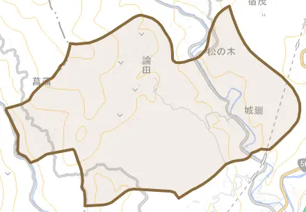 論田とその周辺の地図。町の範囲を重ねている
