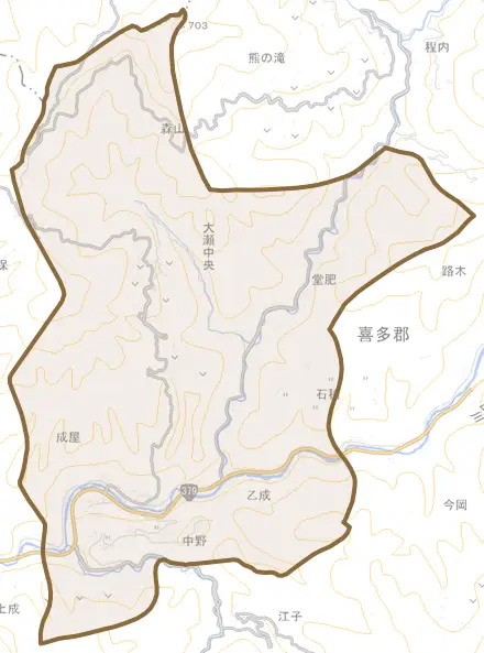 大瀬中央とその周辺の地図。町の範囲を重ねている