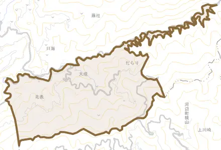 北表とその周辺の地図。町の範囲を重ねている