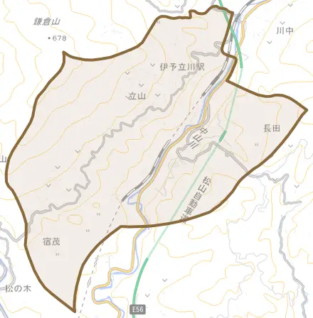 立山とその周辺の地図。町の範囲を重ねている
