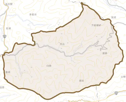 臼杵とその周辺の地図。町の範囲を重ねている