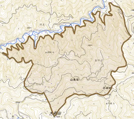 山鳥坂とその周辺の地図。町の範囲を重ねている