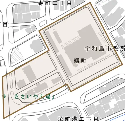 曙町とその周辺の地図。町の範囲を重ねている