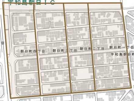 朝日町とその周辺の地図。町の範囲を重ねている