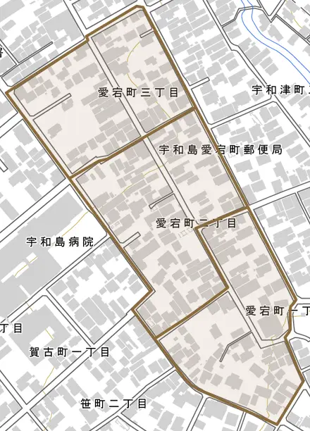 愛宕町とその周辺の地図。町の範囲を重ねている