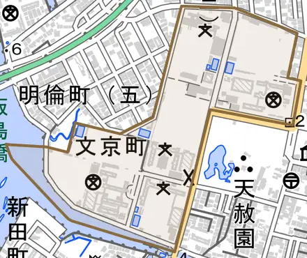 文京町とその周辺の地図。町の範囲を重ねている