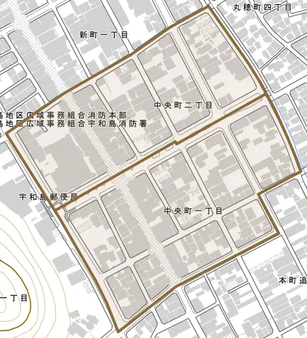 中央町とその周辺の地図。町の範囲を重ねている