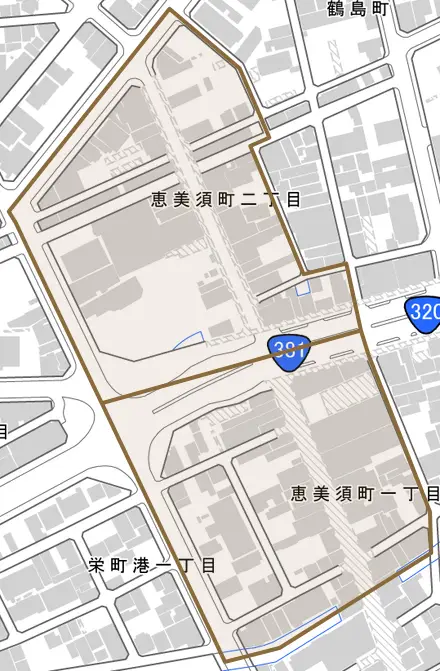 恵美須町とその周辺の地図。町の範囲を重ねている