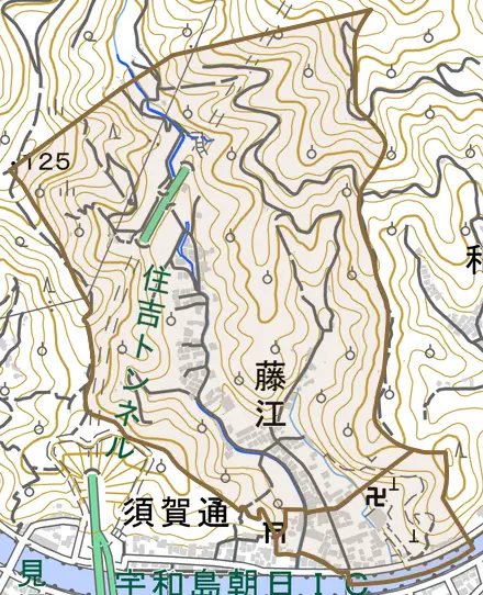藤江とその周辺の地図。町の範囲を重ねている