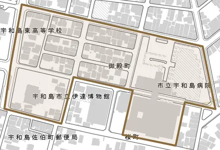御殿町とその周辺の地図。町の範囲を重ねている