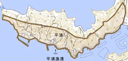 平浦とその周辺の地図。町の範囲を重ねている