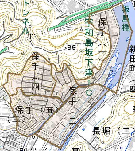 保手とその周辺の地図。町の範囲を重ねている