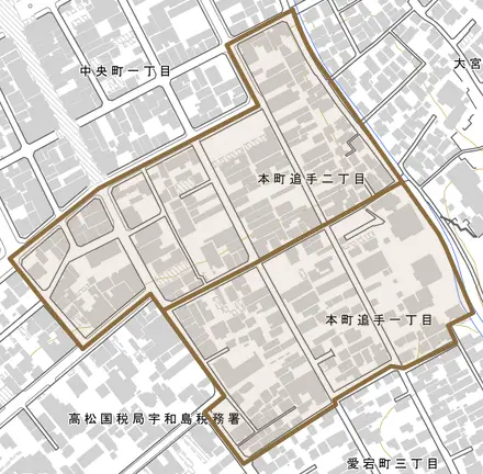 本町追手とその周辺の地図。町の範囲を重ねている