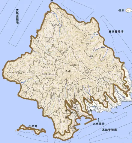 本九島とその周辺の地図。町の範囲を重ねている