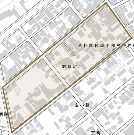 堀端町とその周辺の地図。町の範囲を重ねている