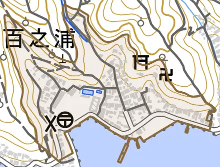 百之浦とその周辺の地図。町の範囲を重ねている