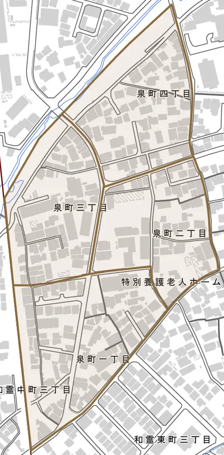 泉町とその周辺の地図。町の範囲を重ねている
