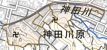神田川原とその周辺の地図。町の範囲を重ねている