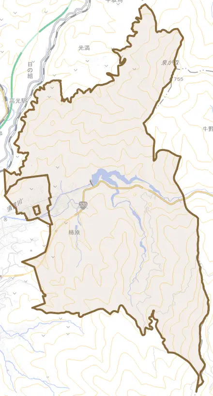 柿原とその周辺の地図。町の範囲を重ねている