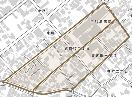 賀古町とその周辺の地図。町の範囲を重ねている