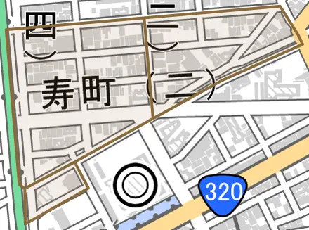 寿町とその周辺の地図。町の範囲を重ねている