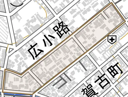 京町とその周辺の地図。町の範囲を重ねている