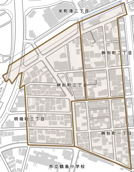 桝形町とその周辺の地図。町の範囲を重ねている