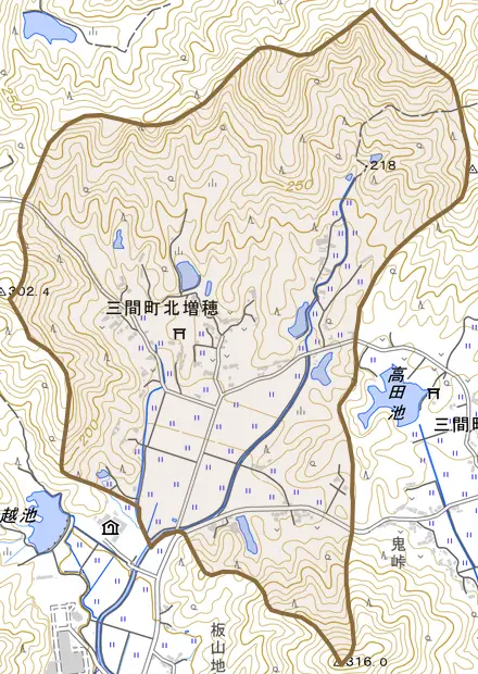 三間町北増穂とその周辺の地図。町の範囲を重ねている