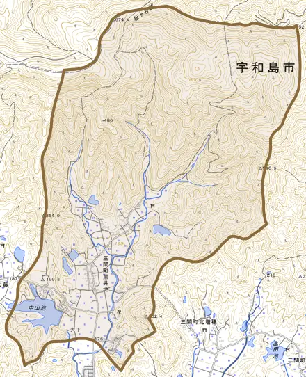 三間町黒井地とその周辺の地図。町の範囲を重ねている