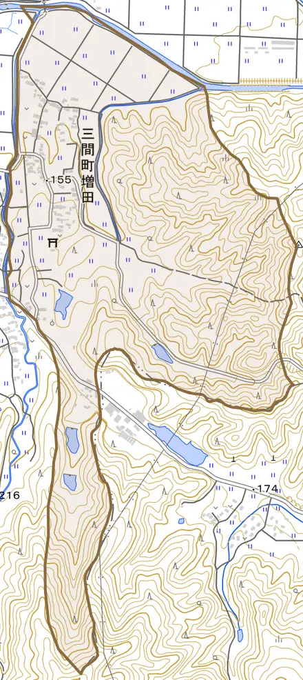 三間町増田とその周辺の地図。町の範囲を重ねている
