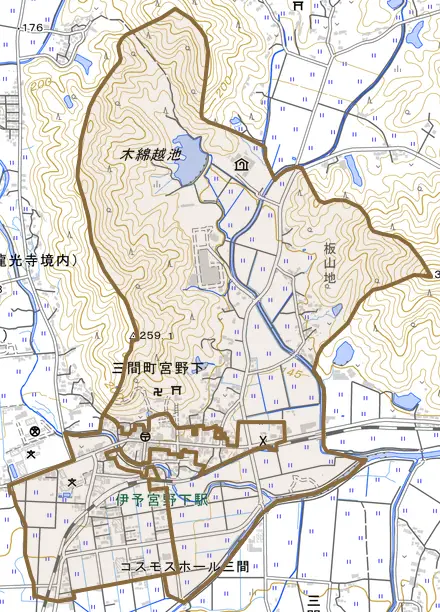 三間町宮野下とその周辺の地図。町の範囲を重ねている