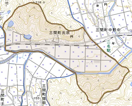 三間町元宗とその周辺の地図。町の範囲を重ねている