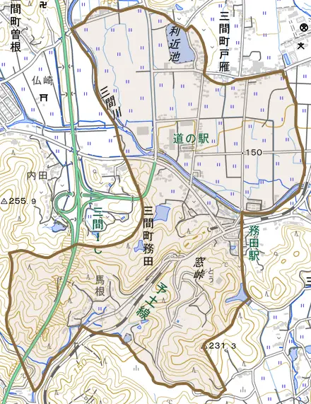 三間町務田とその周辺の地図。町の範囲を重ねている