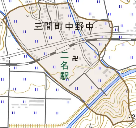 三間町中野中とその周辺の地図。町の範囲を重ねている