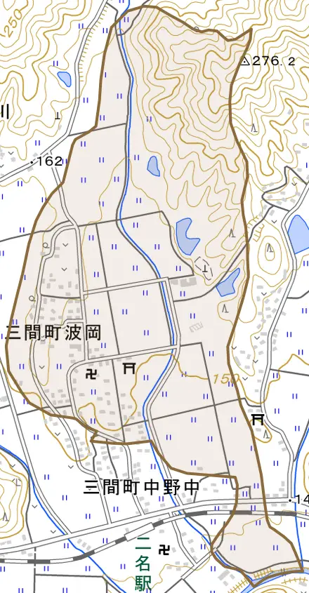 三間町波岡とその周辺の地図。町の範囲を重ねている
