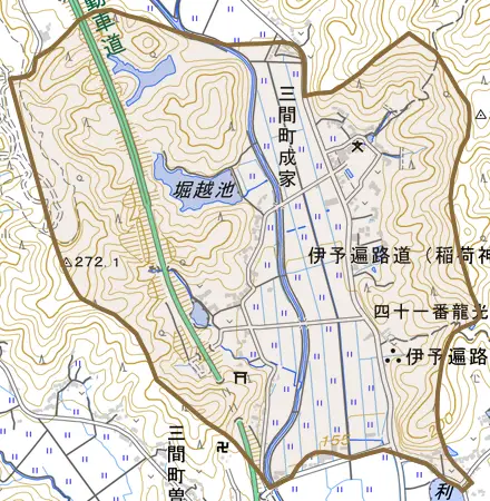 三間町成家とその周辺の地図。町の範囲を重ねている